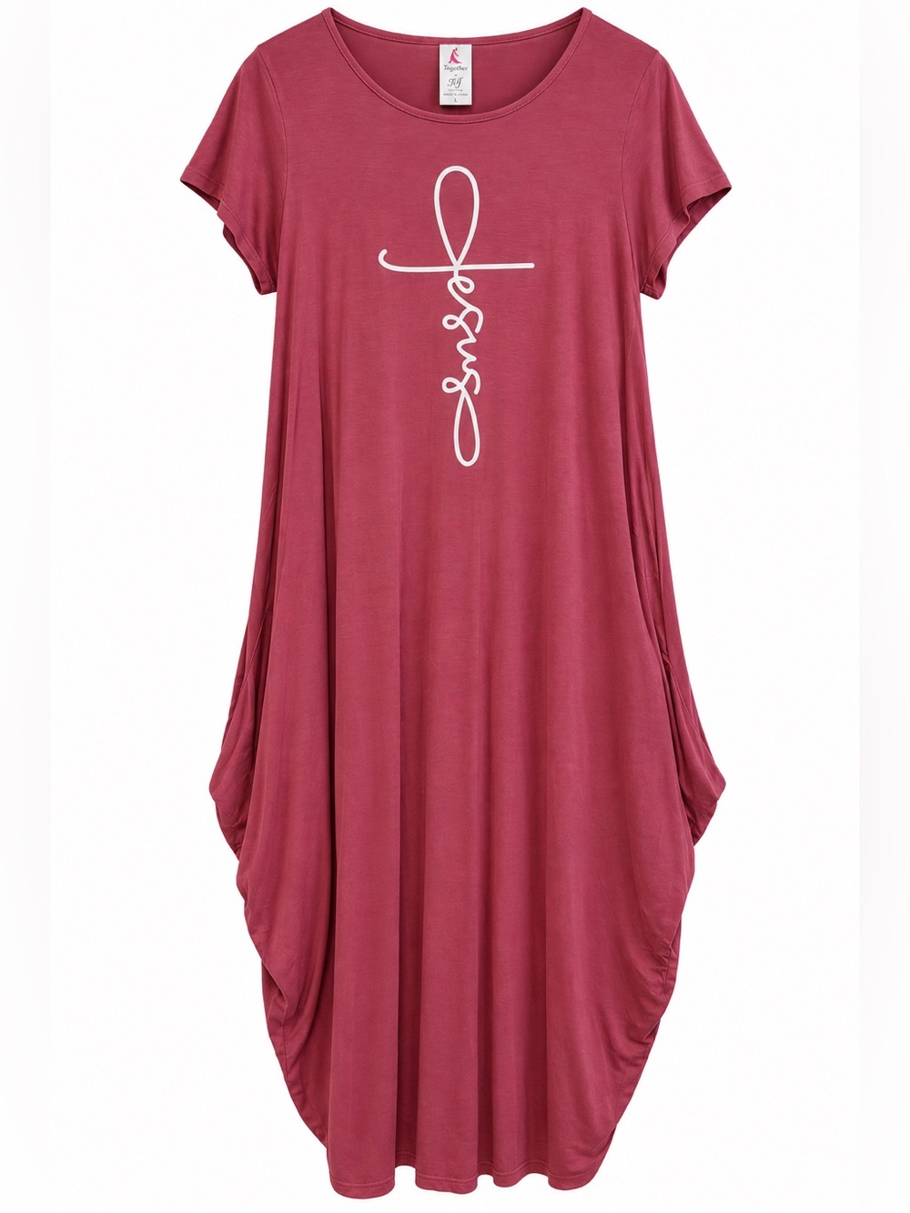 Jesus Cross Graphic Burgundy Asymmetrical Hem Dress One Size KaraChic By Nf